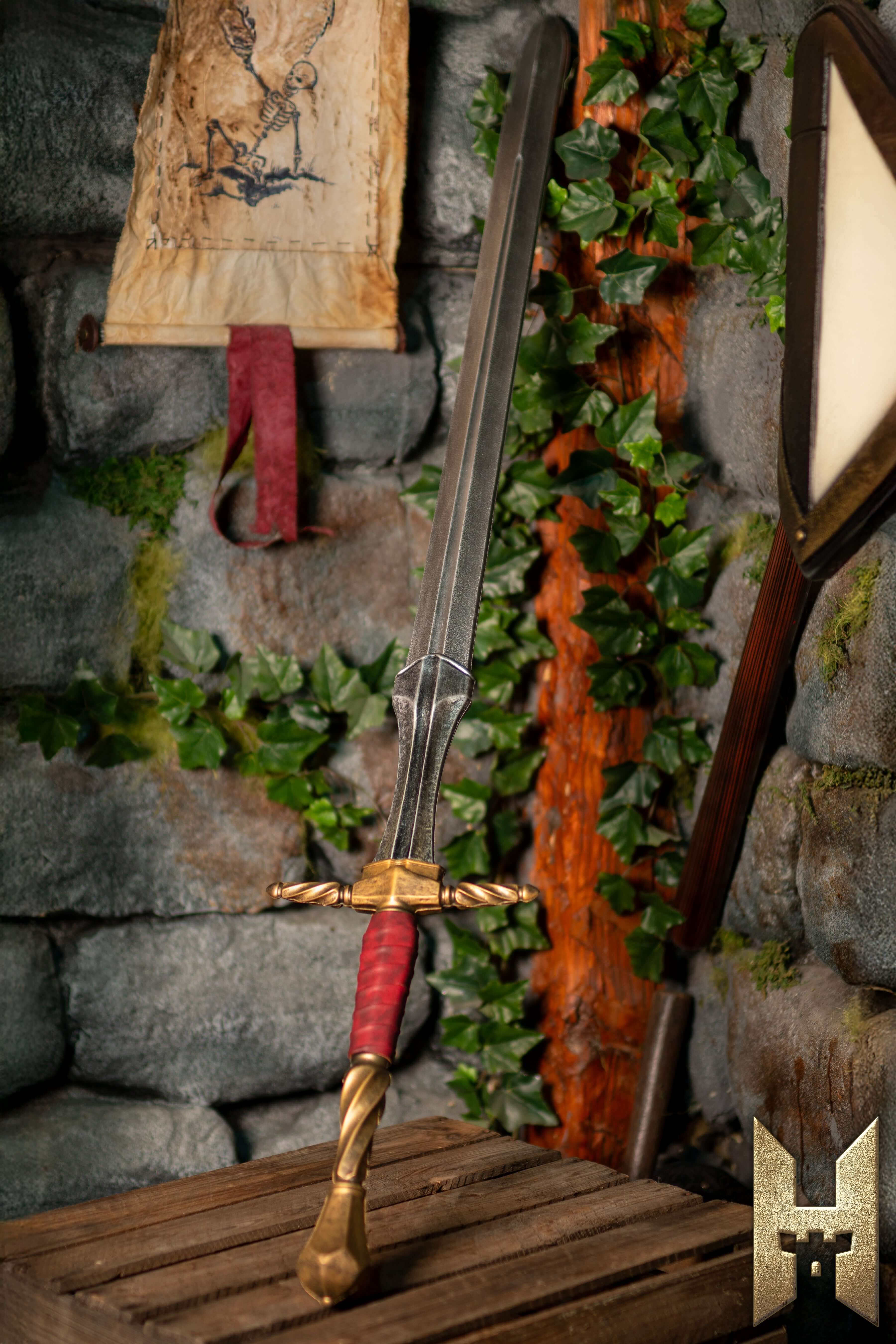 Medieval Swords displayed prominently on a wooden crate against a stone wall with greenery.