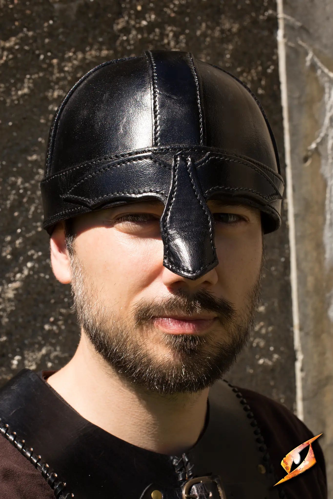 Warrior Helmet crafted from thick leather, featuring a sleek design in Epic Black, perfect for historical reenactments.
