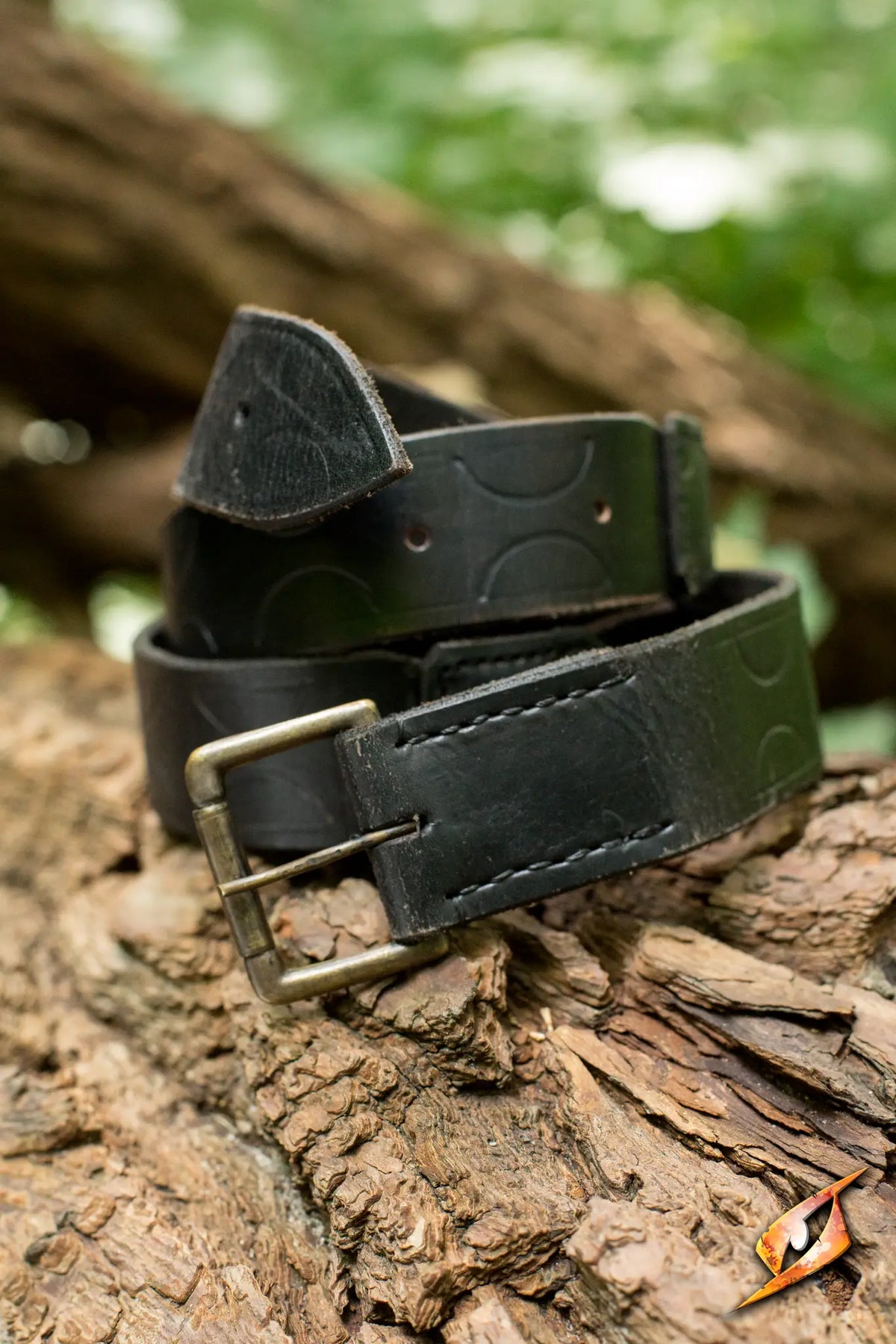Aruthian Belt crafted in fine black leather with a sturdy buckle, showcased on nature background.