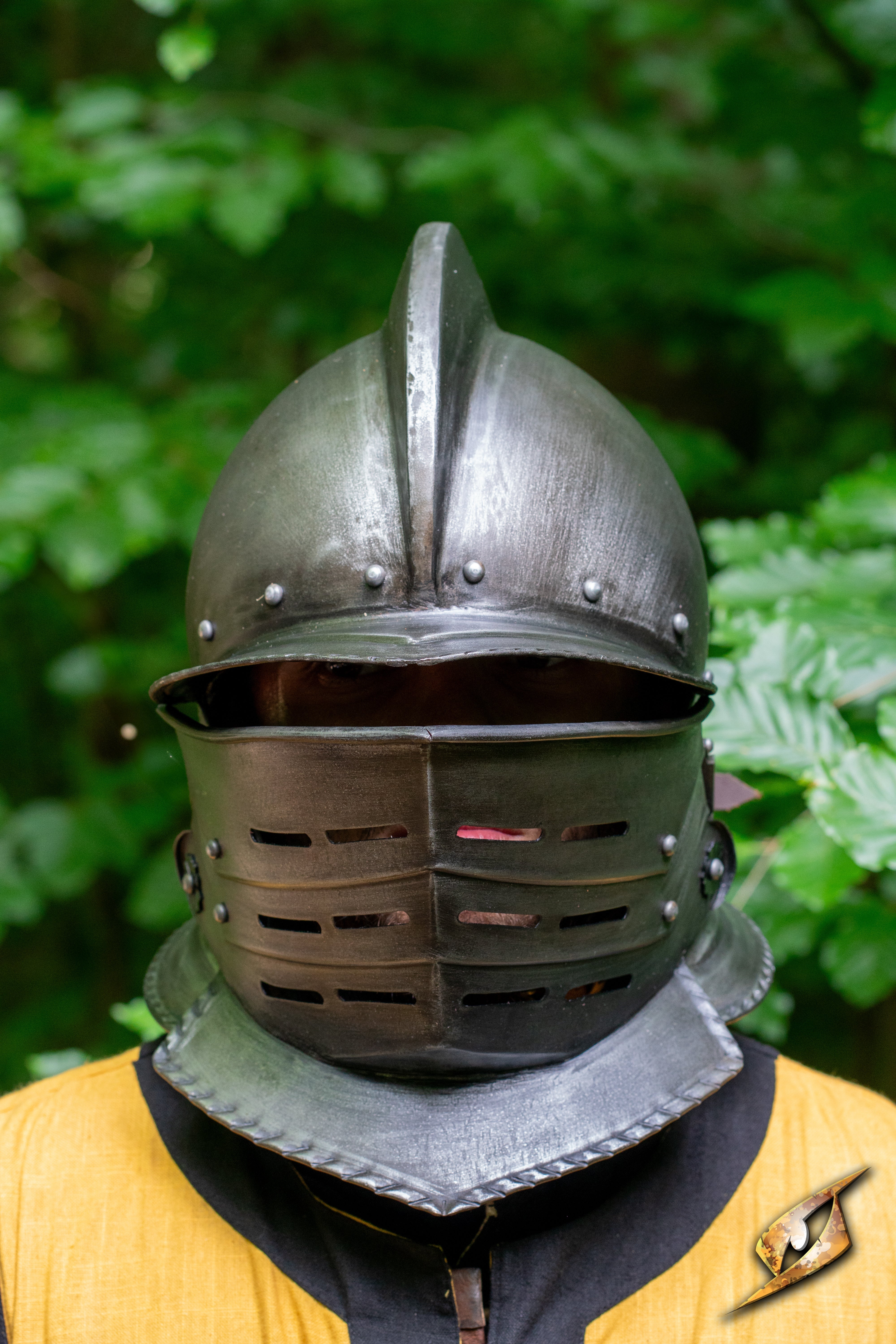Burgonet Epic Armoury’s polished steel helmet with visor and cheek guards, inspired by 16th-century cavalry designs.