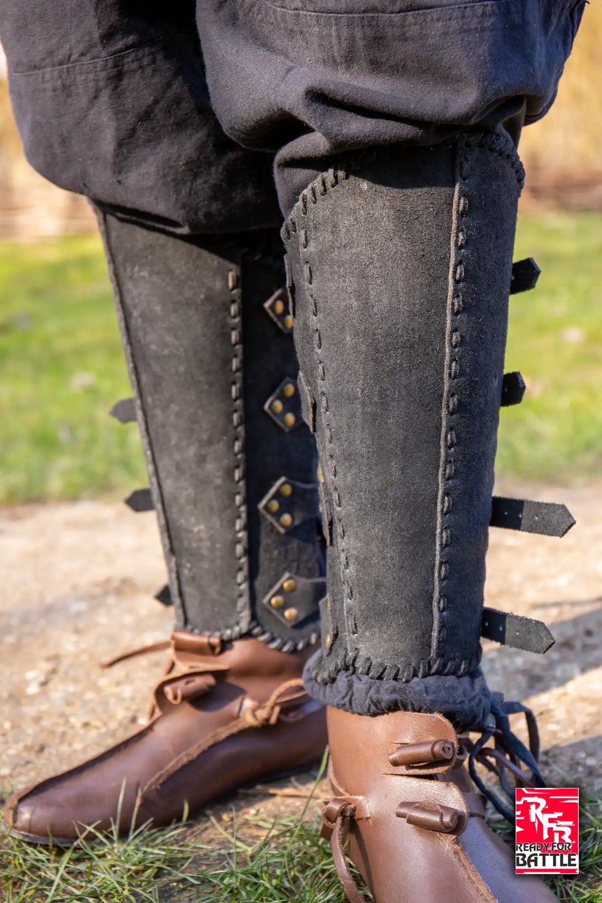 RFB Veteran Greaves made from chrome-tanned split leather for shin protection in medieval reenactments.