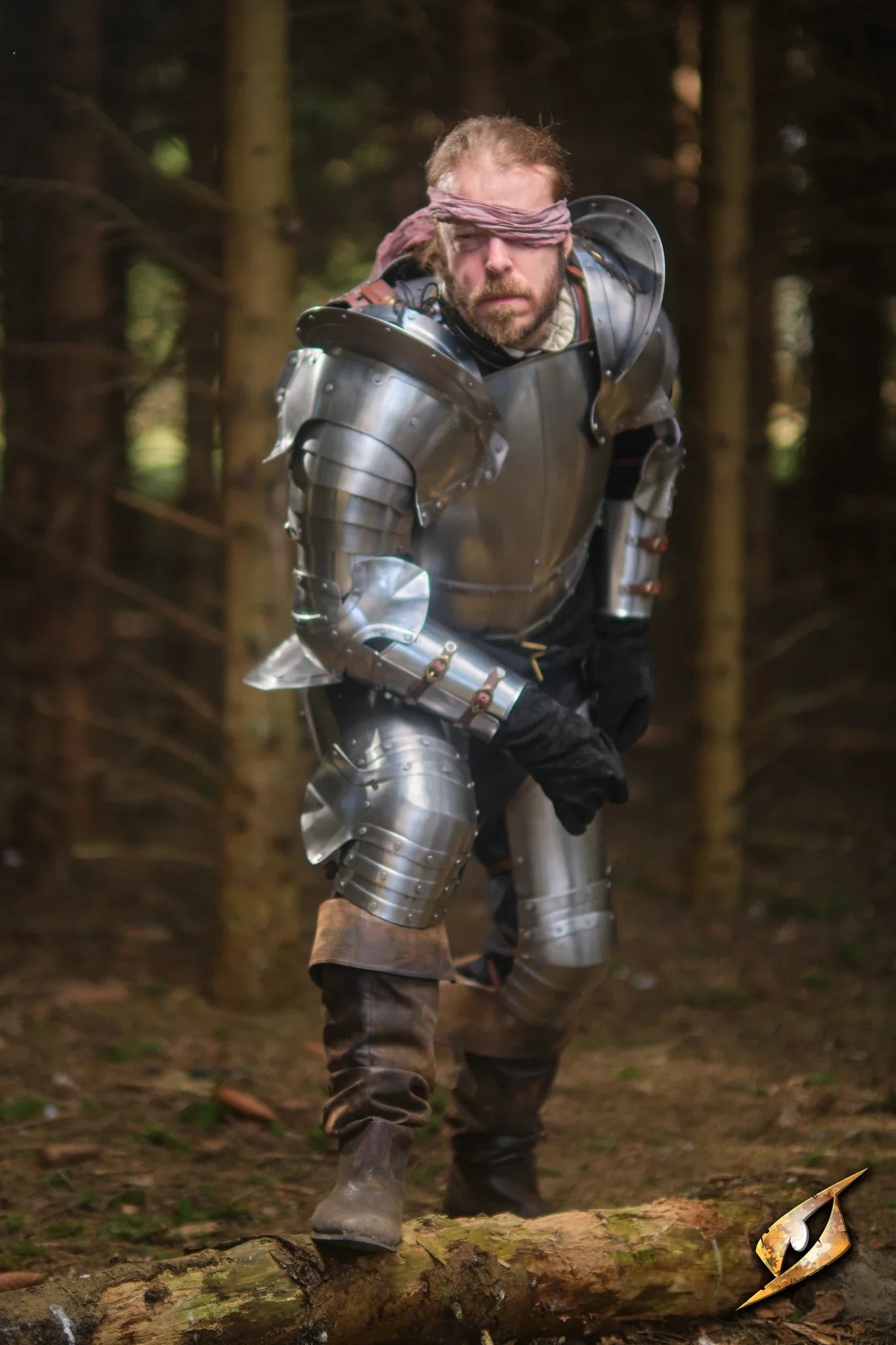 Captain Complete Set worn by a knight in silver armor in a forest setting, embodying honor and duty.