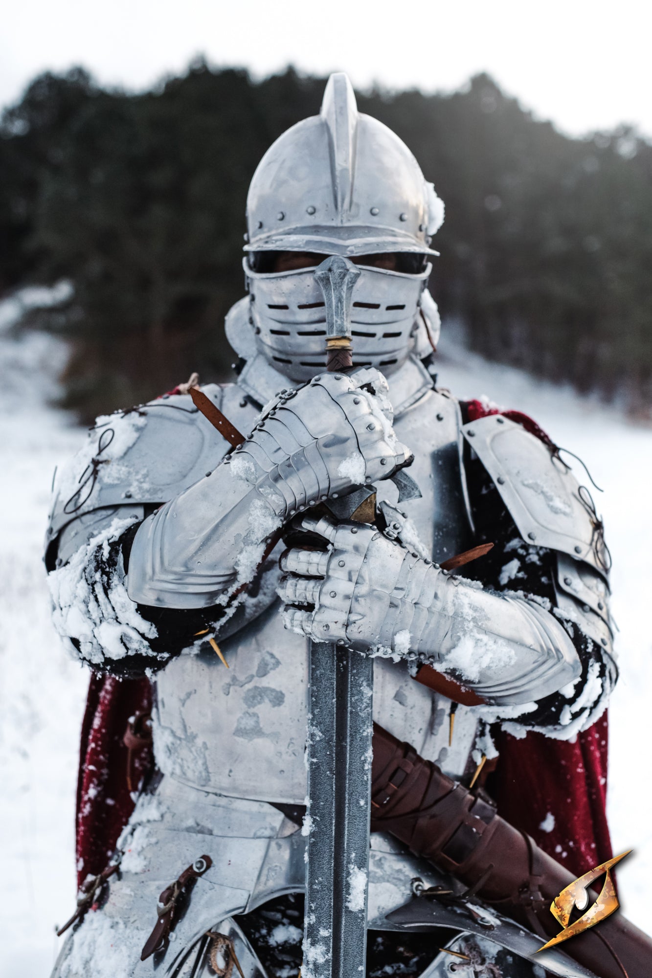 Person in full medieval armor holding a sword in a snowy landscape