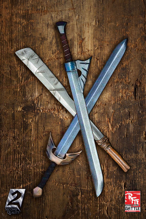 2Q - Sword RFB - Classic - 75 cm LARP weapons arranged on a wooden surface, showcasing handmade design and quality craftsmanship.