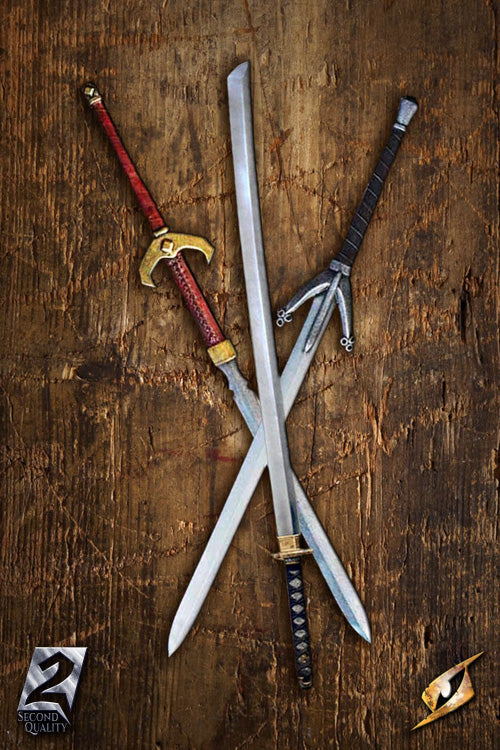 2Q - 2 Handed Sword - Classic-120-150cm displayed on a wooden surface, showcasing unique handmade details.