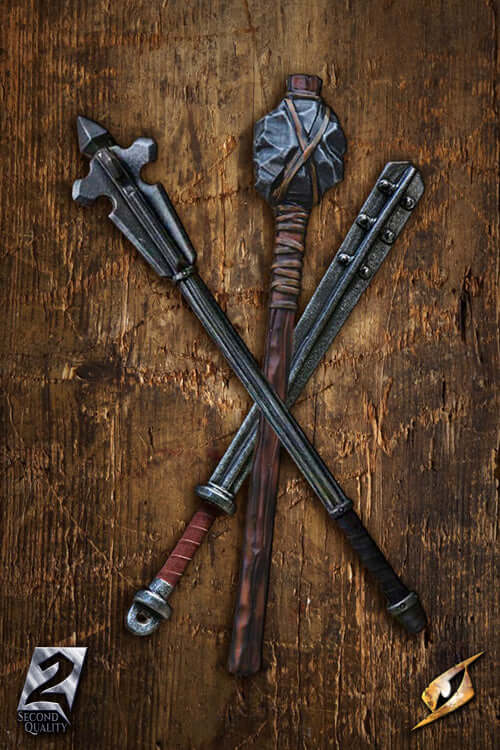 2Q - Mace: Handmade and hand-painted LARP weapons displayed on a rustic wooden background.