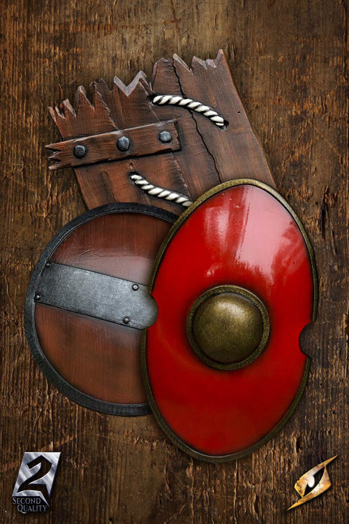 2Q - Shield Medium, handmade wooden LARP shield with red paint and metallic accents, perfect for costumes.