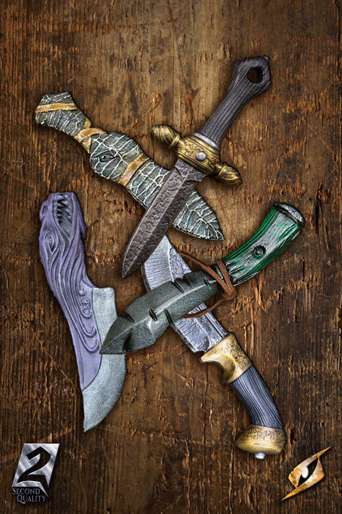 2Q - Throwing Knife collection featuring handmade and hand painted LARP weapons on a wooden surface.