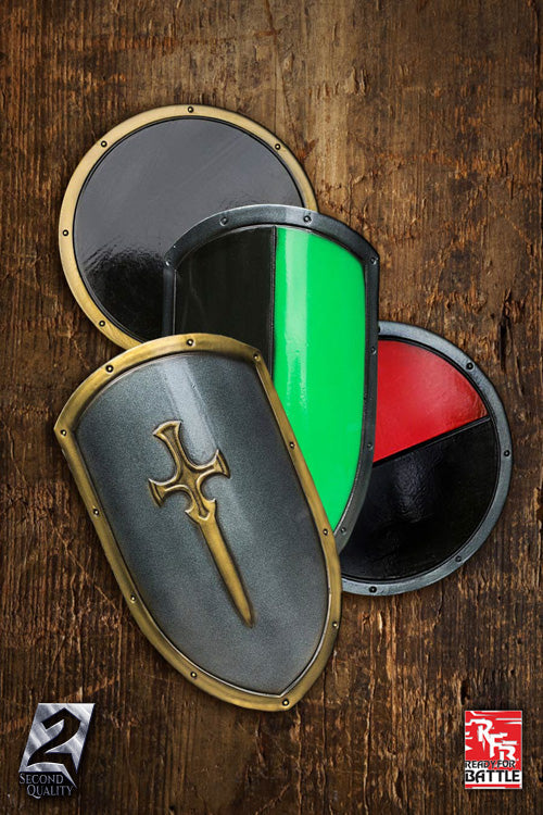 2Q - RFB Shield Medium displayed in various colors and designs against a wooden background.