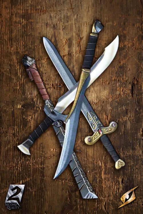 2Q - Short Sword - Classic - 50-70 cm displayed among various swords on a rustic wooden background.