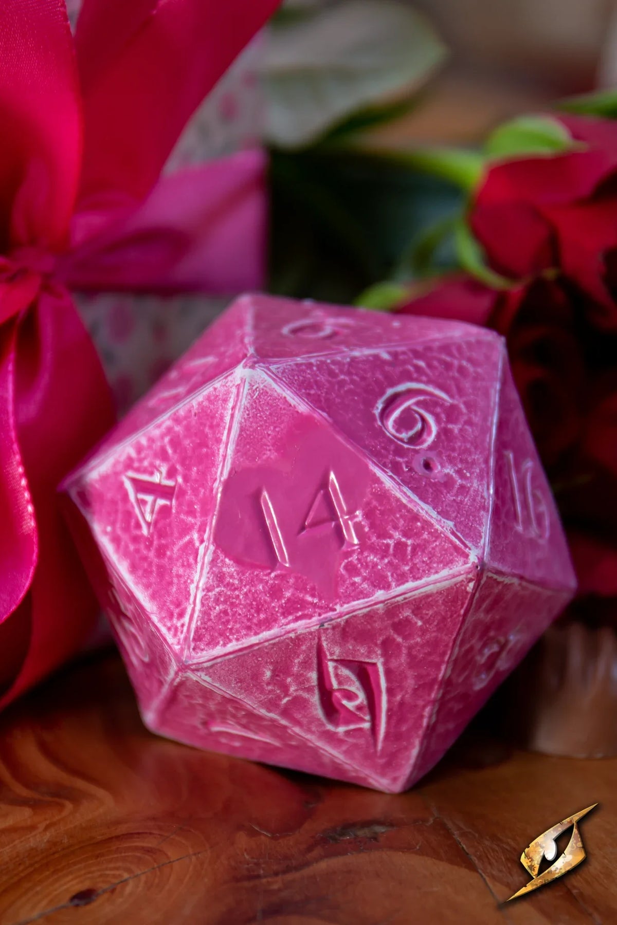 Dice - D20 - Violent Valentine in pink with heart-shaped number 14, crafted from durable polyurethane foam.