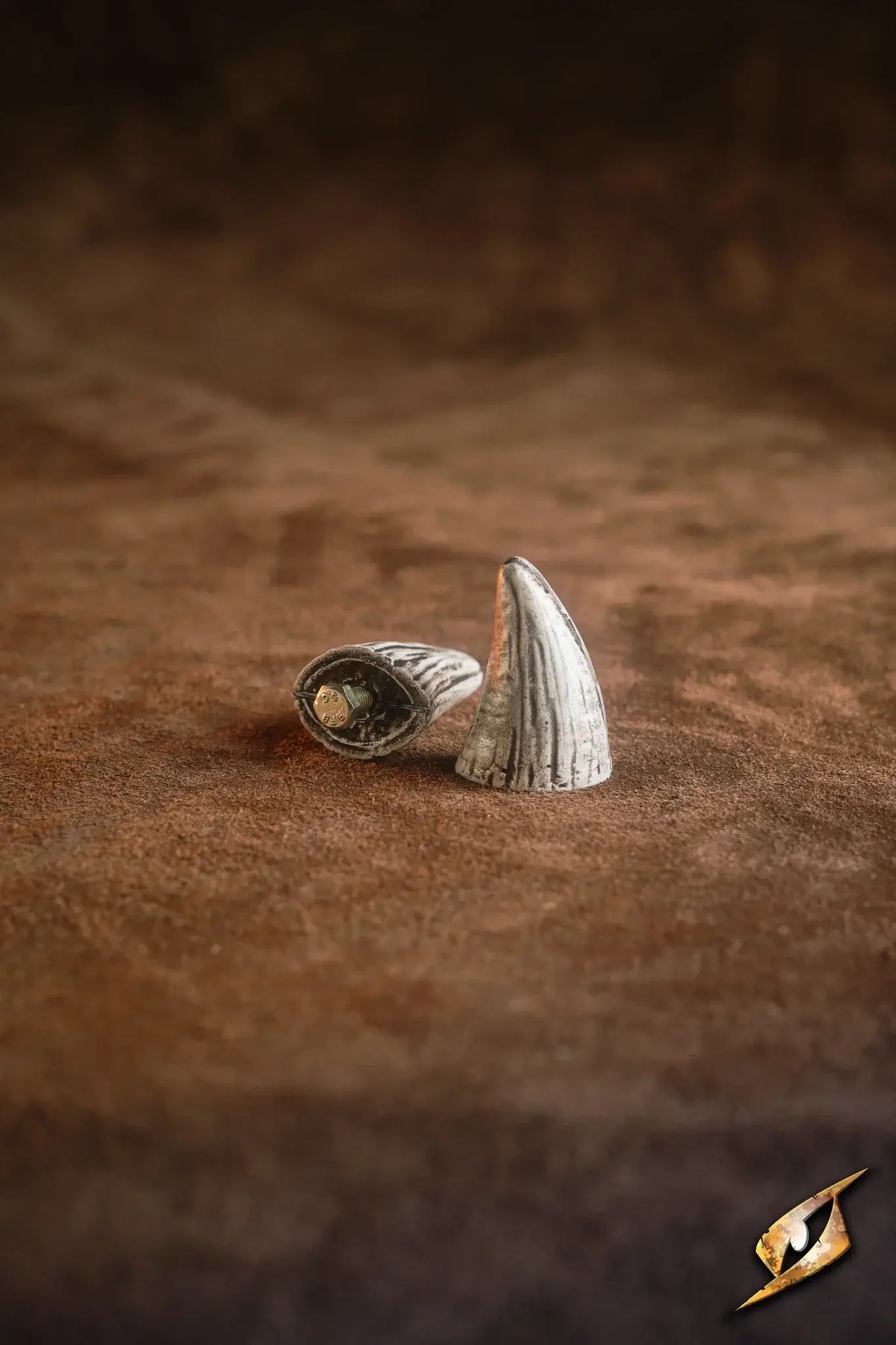 Mountable Demon Horns made of polyurethane displayed on a brown background.
