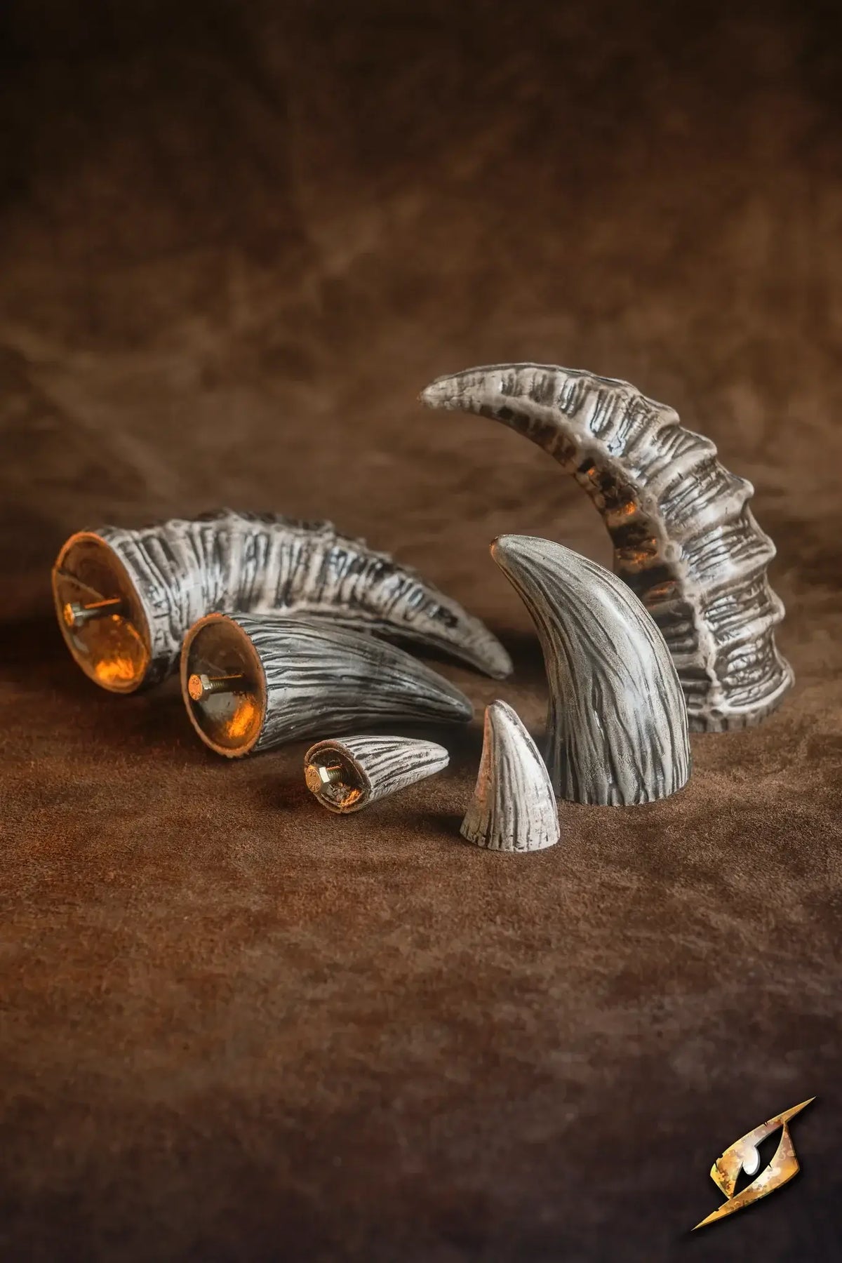 Mountable Demon Horns displayed on a brown background, ideal for enhancing monster-themed costumes.