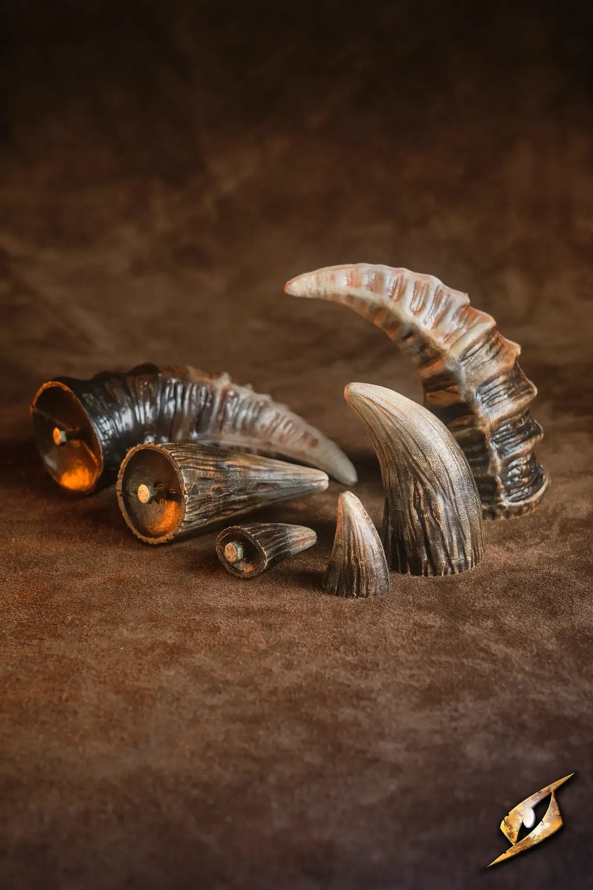 Mountable Demon Horns set displayed on a dark background, perfect for enhancing your villainous armor.