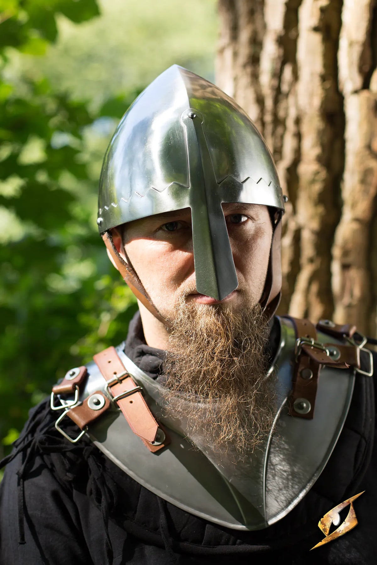 Front view of a wearer in the Polished Steel Norman Nasal Helmet outdoors.