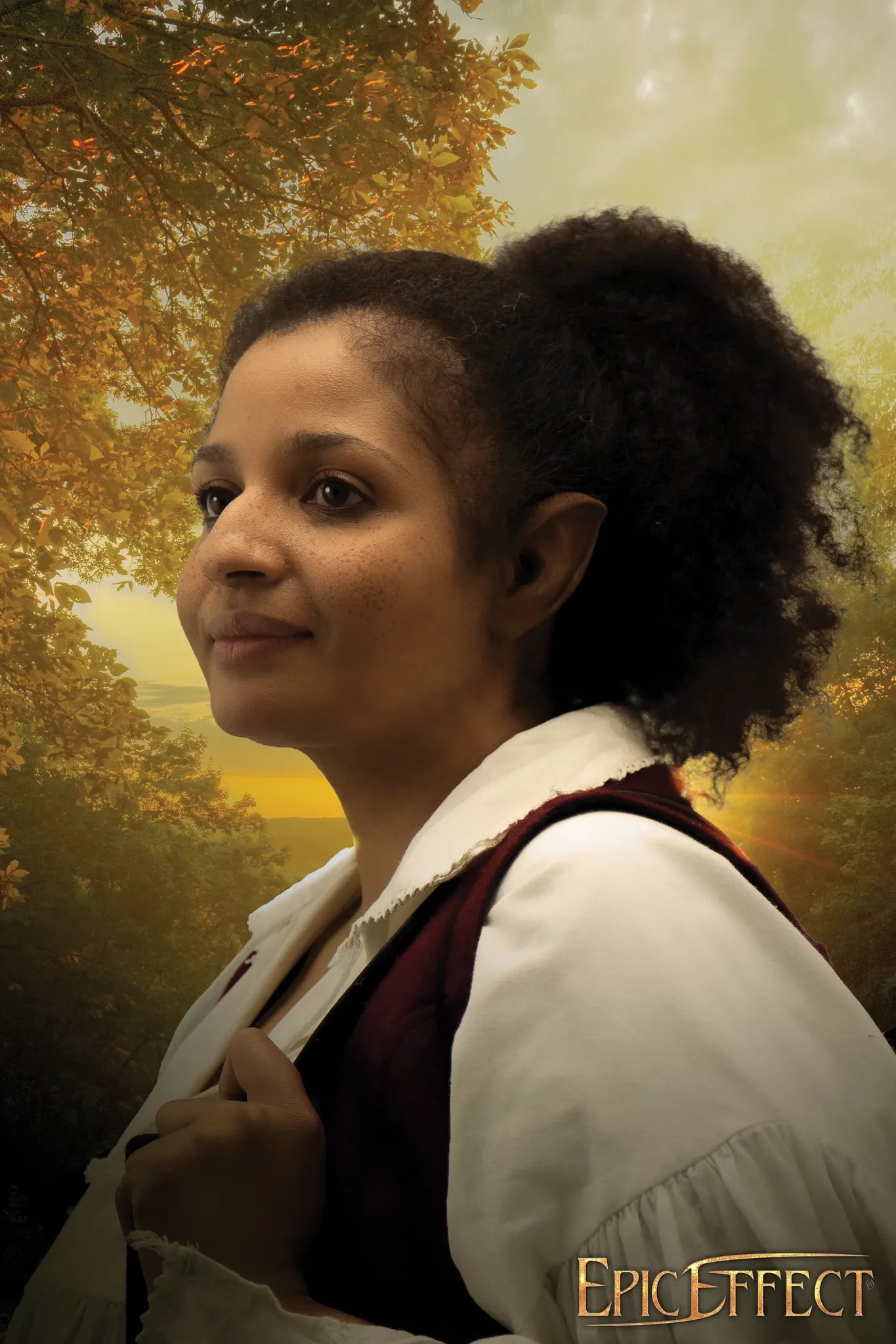 Halfling Ears worn by a person with a thoughtful expression in a forest setting.