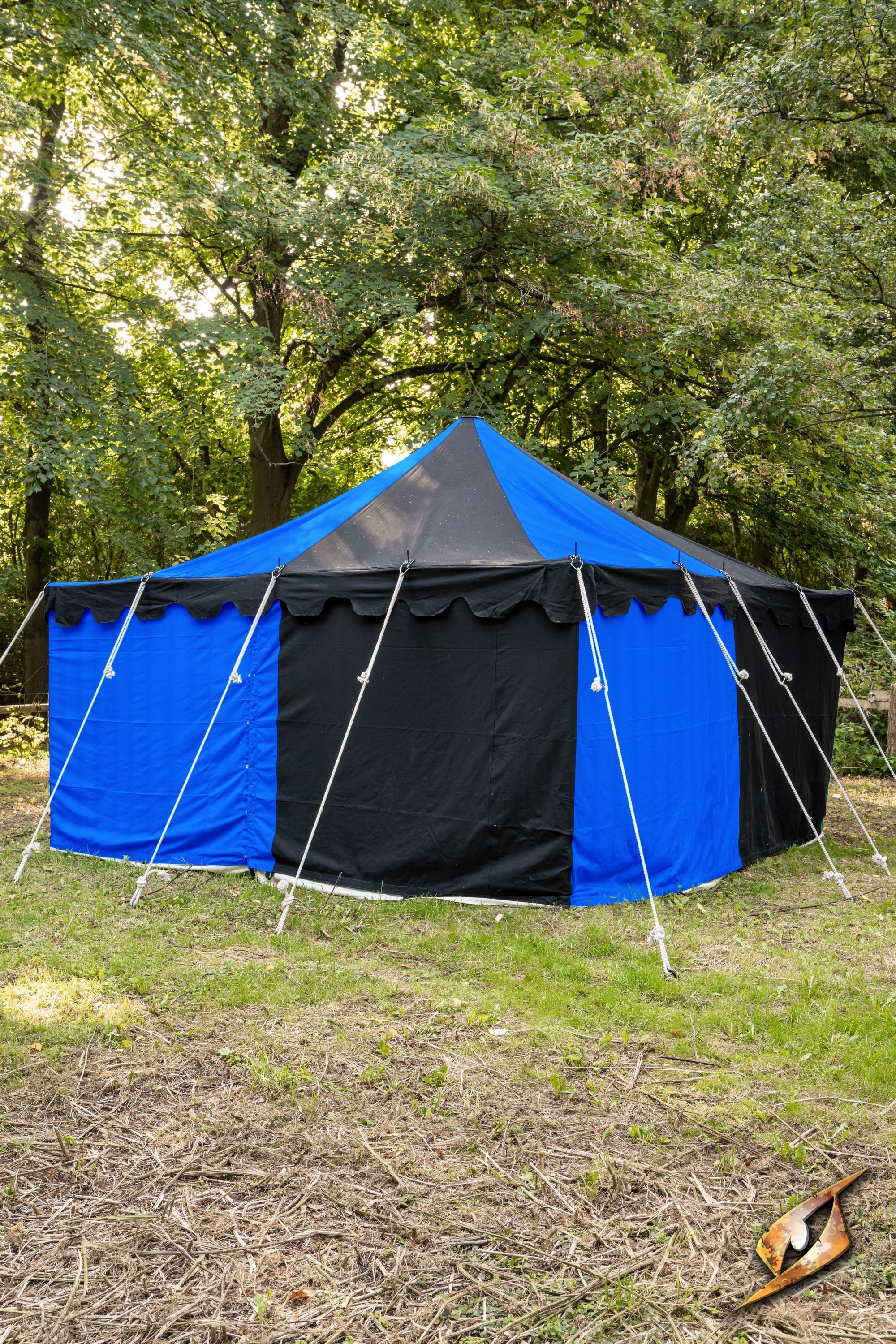 Marquee Tent - 4x4m in a lush green field showcased with blue and black design, perfect for outdoor events.