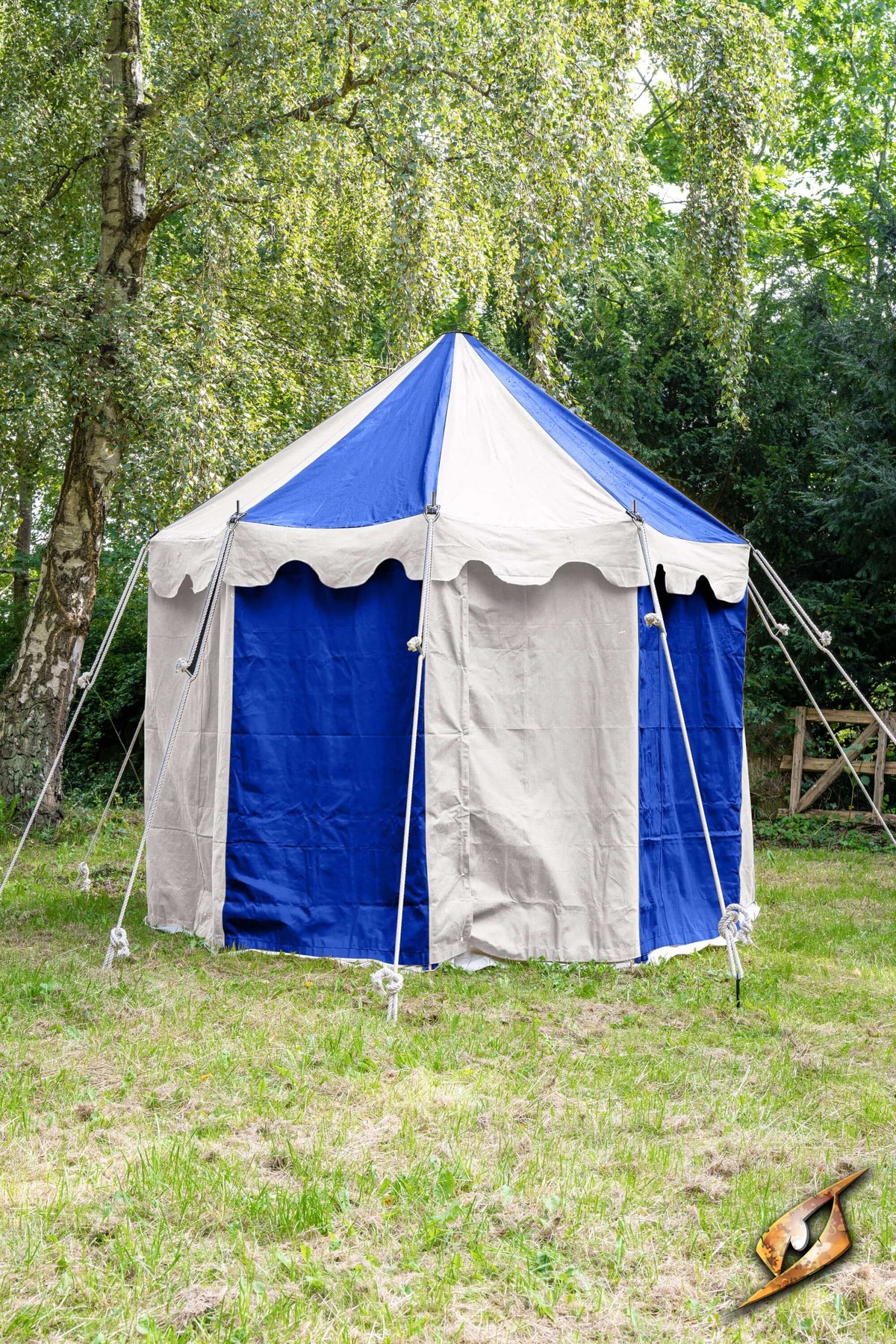 Round Pavilion Tent - 3m set up in a grassy area, featuring blue and beige colors, ideal for outdoor events.