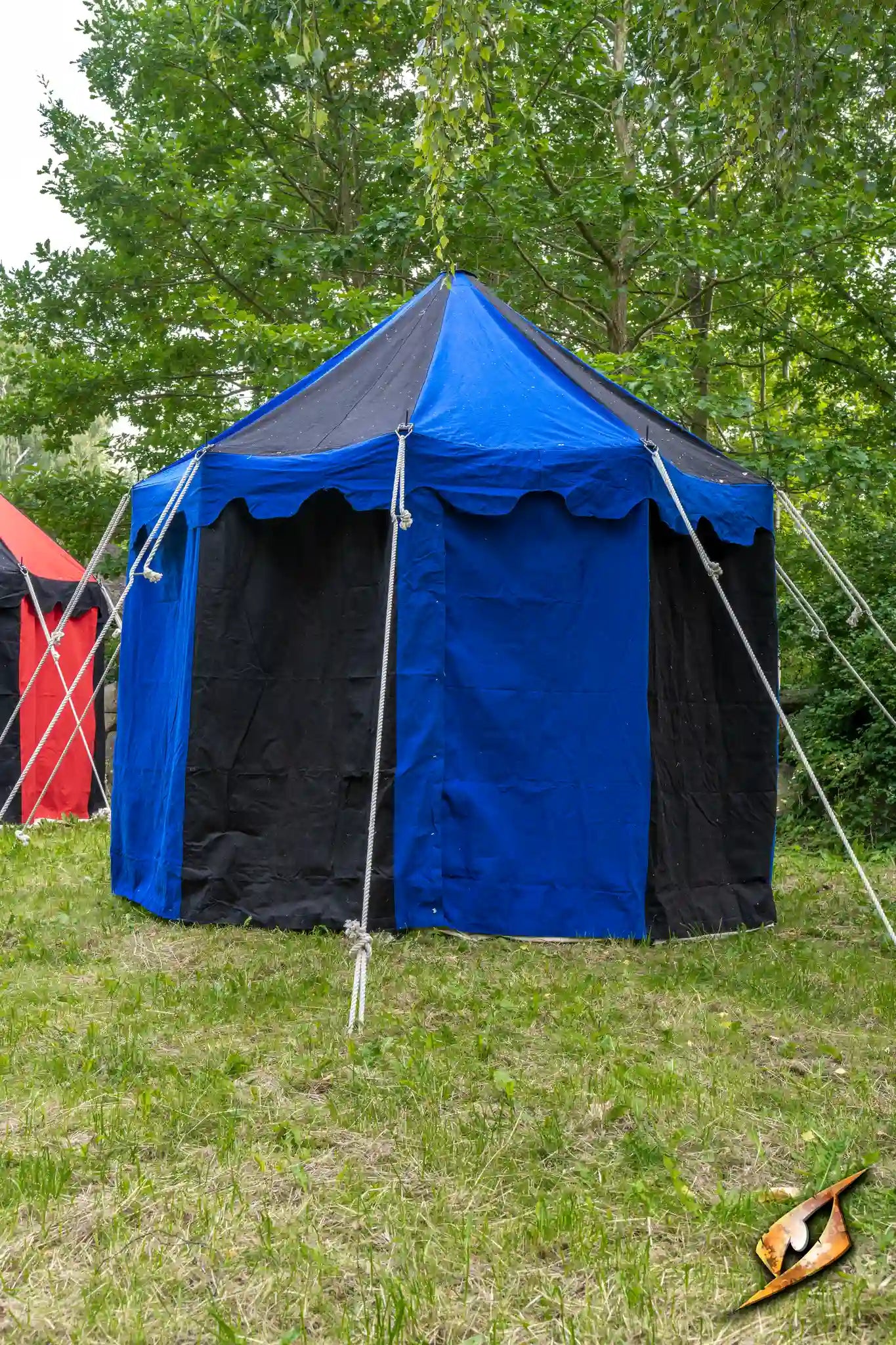 Round Pavilion Tent - 3m in blue and black color set up in a grassy outdoor area.