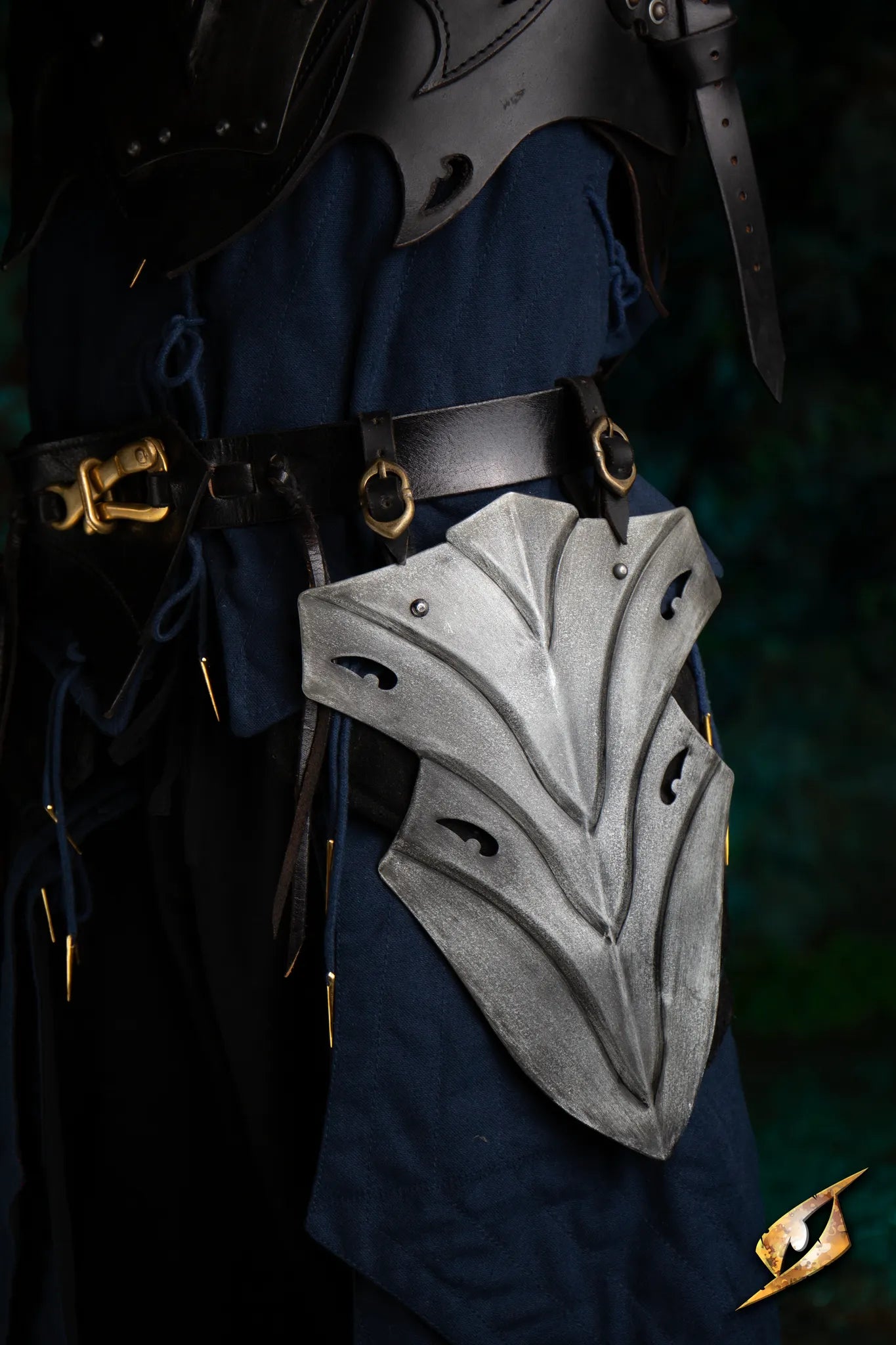 Eventide Belt Shield displayed on a fighter's waist, inspired by dark elves and Norse mythology.