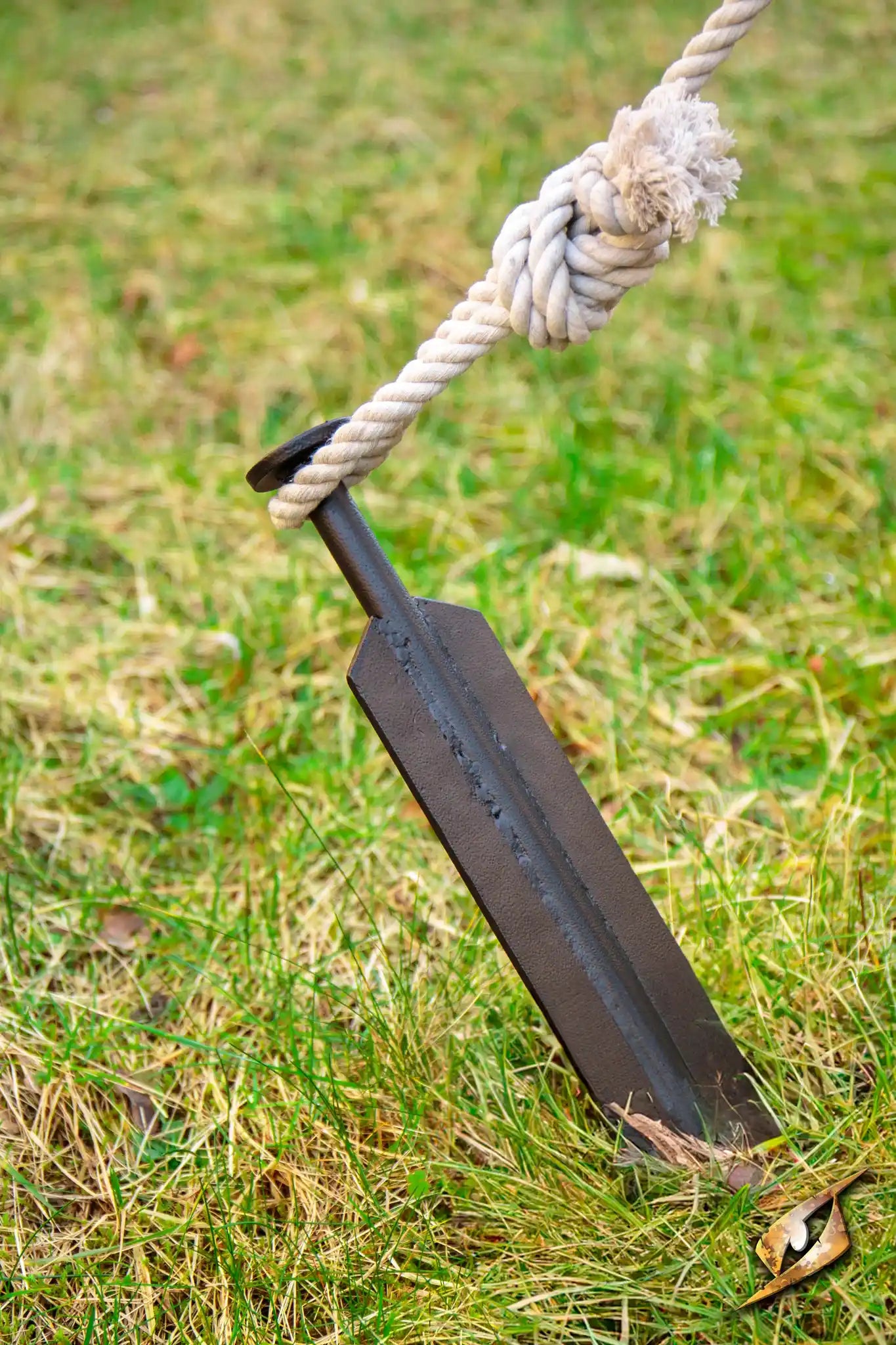 Storm Born Tent Peg - 60 cm anchored securely in grass with rope.