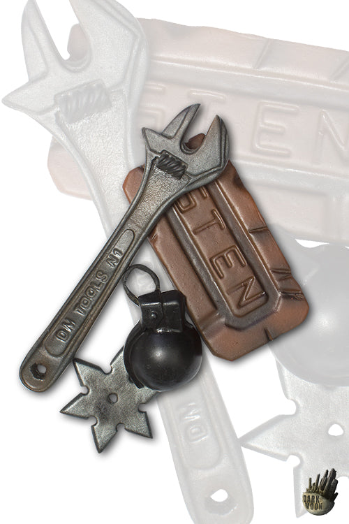 2Q - Dark Moon Coreless LARP props including wrench, grenade, and star, handmade and painted for quality.