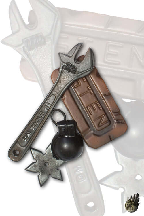 2Q - Dark Moon Coreless LARP props including wrench, grenade, and star, handmade and painted for quality.