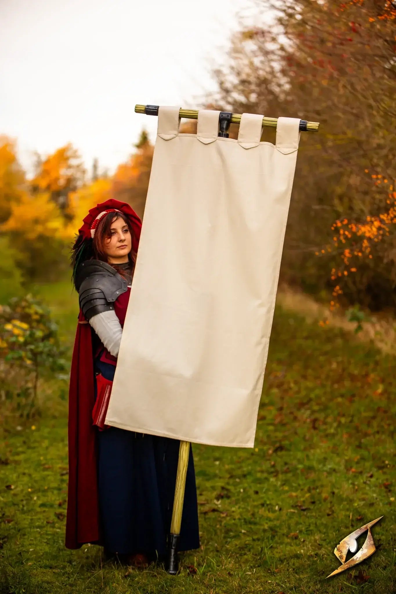 Battle Standard - Banner for T-Top & Cross-Top displayed outdoors with a cloaked figure holding it.