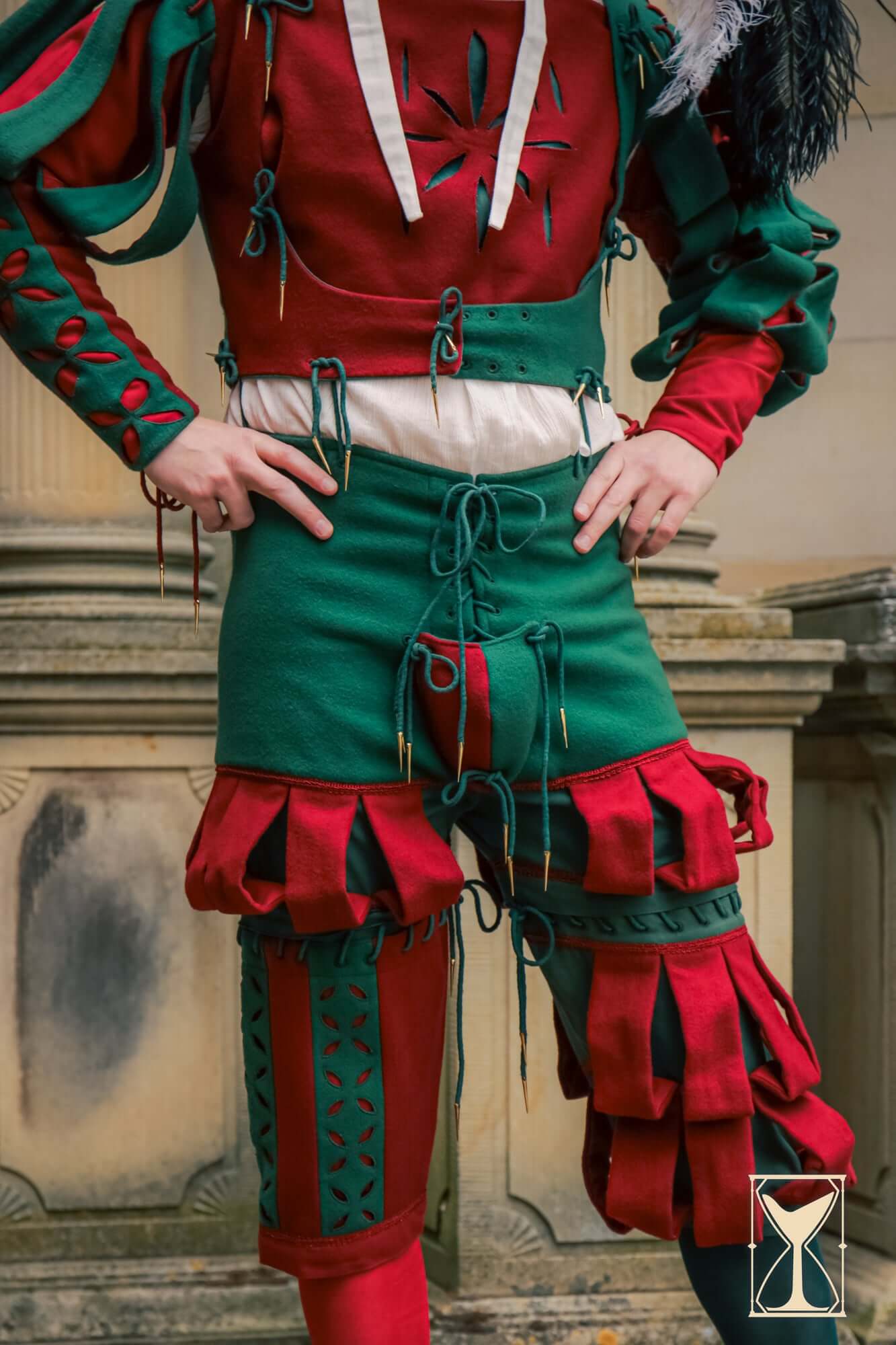 Landsknecht Breeches featuring intricate lacing and vibrant two-tone hues, inspired by 16th-century mercenary fashion.