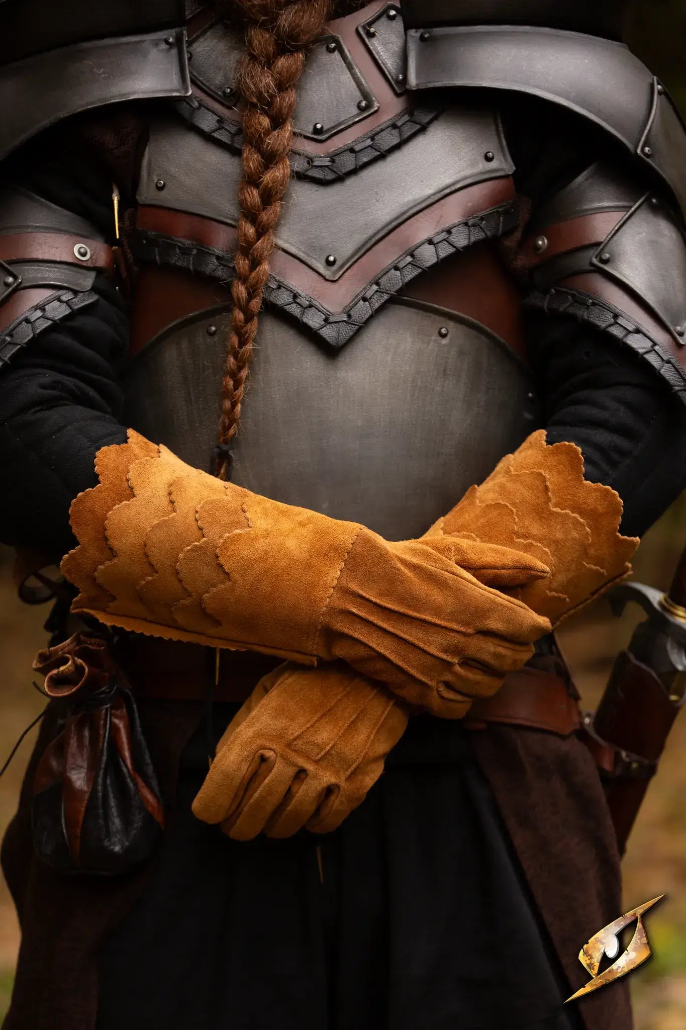 Scales Gloves - Suede in light brown, featuring embossed scale pattern, worn by a LARP character in costume.