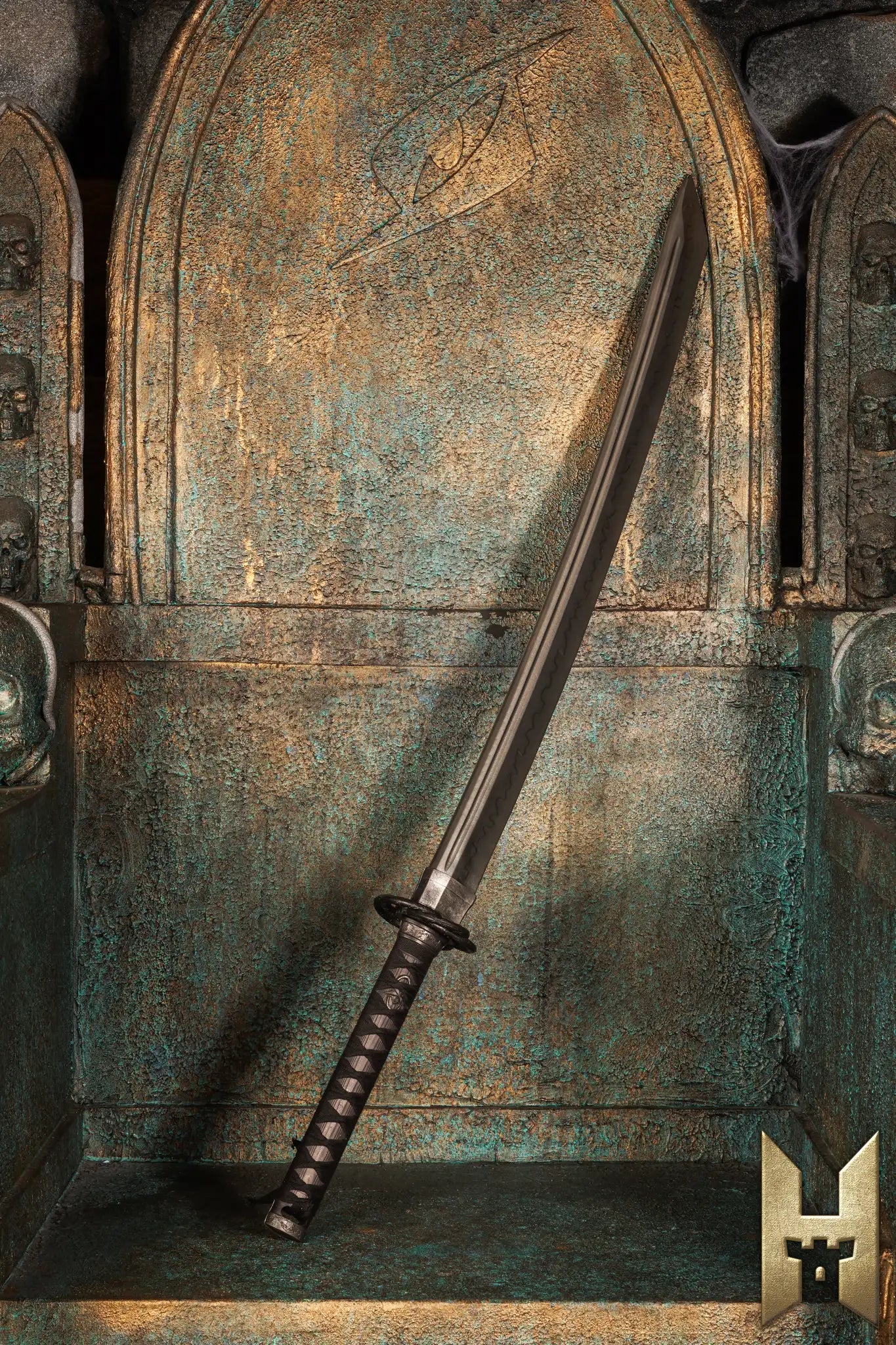 Ryūgan the Katana resting on a throne, showcasing its elegant design and beautiful blade finish.