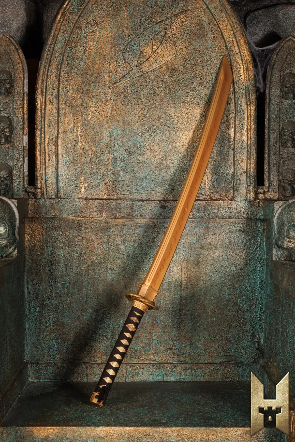 Ryūgan the Katana displayed on a stone altar with an ornate design, showcasing its elegant blade and hilt.