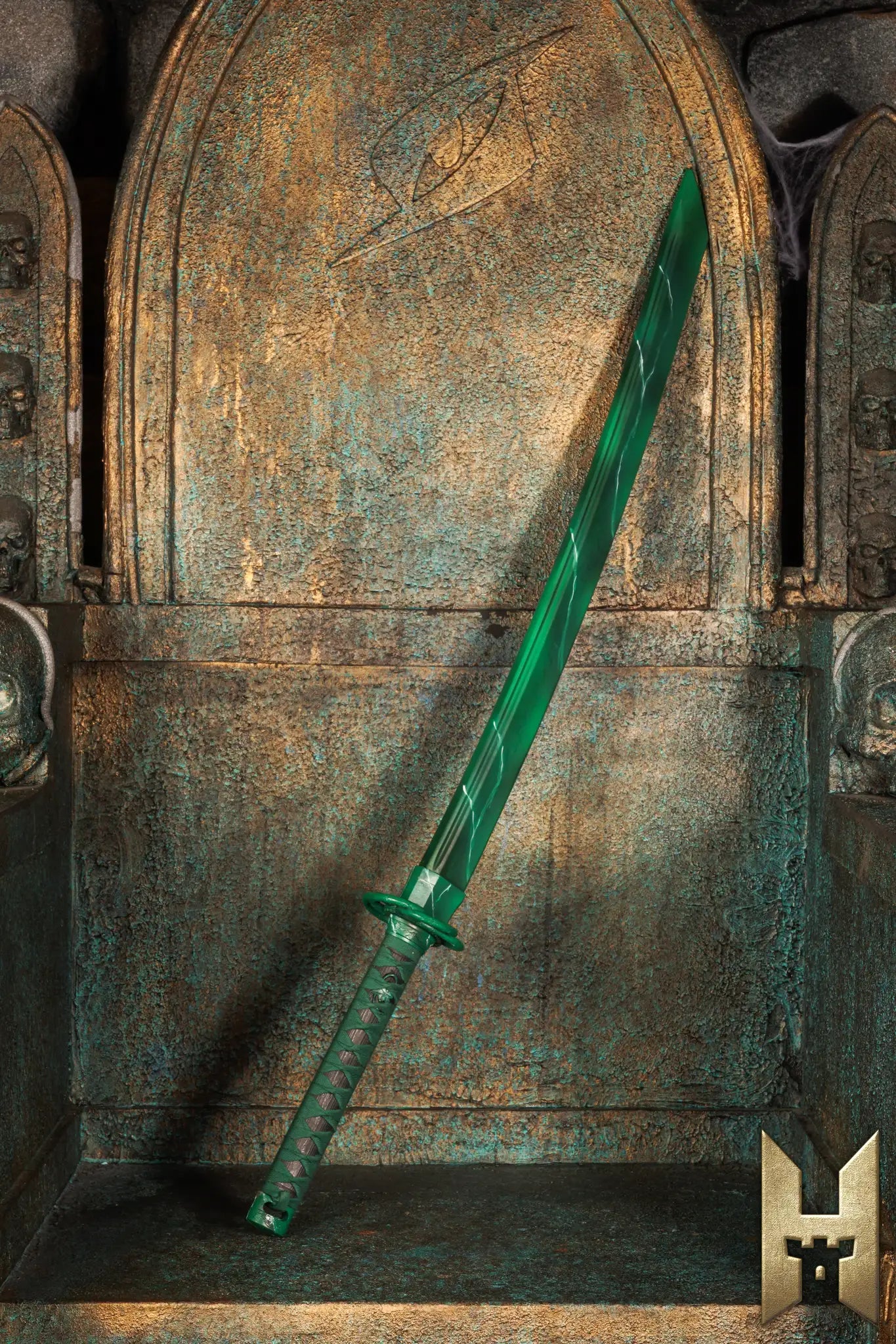 Ryūgan the Katana displayed on an ornate throne background, showcasing its elegant design and fantasy style.