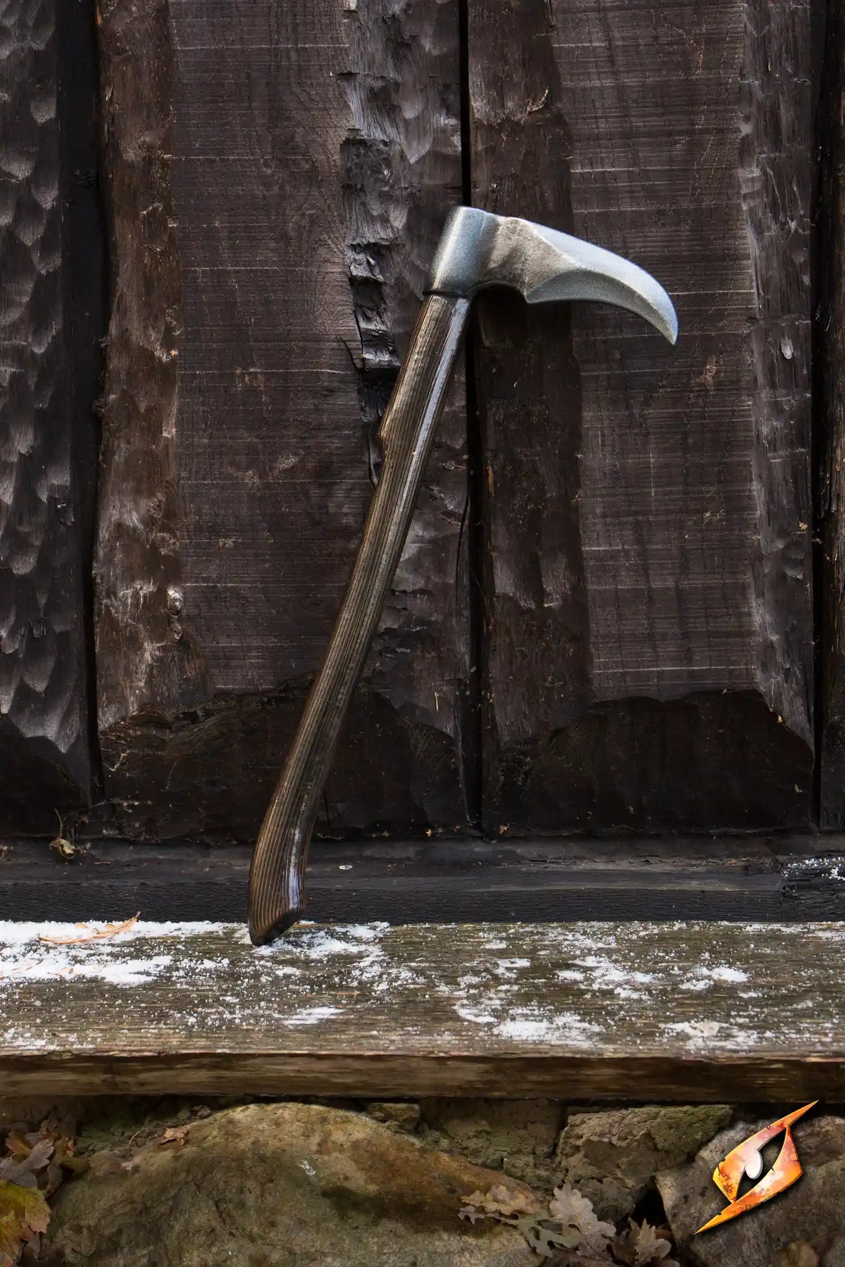 War Scythe - 60 cm, hand-painted latex short axe with a dark wood and steel gray finish, displayed against a rustic background.
