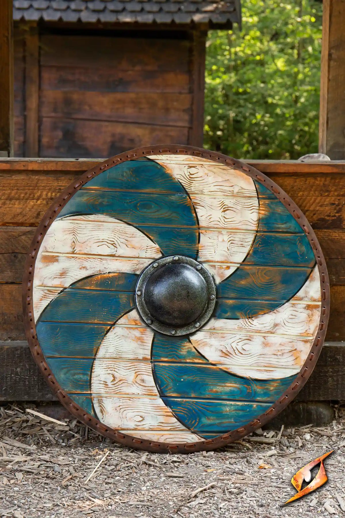 Thegn Shield, 70 cm round latex shield with a blue and white spiral design, ideal for coastal raids and offensive fighting.