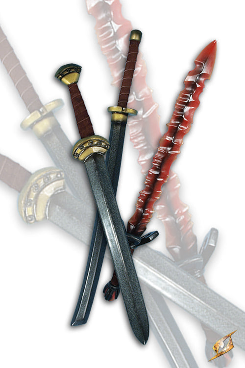2Q - Sword Medium - Classic - 65-90 cm displayed with other LARP swords and props, showcasing their handmade quality.