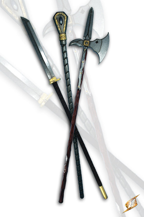 2Q - Staff/Spear collection featuring handmade LARP weapons with unique designs.