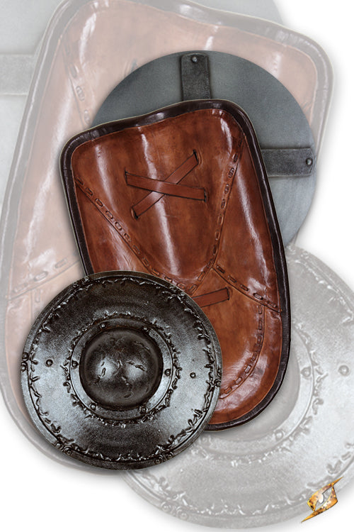 2Q - Buckler collection showcasing handmade and hand-painted LARP accessories with unique designs and textures.