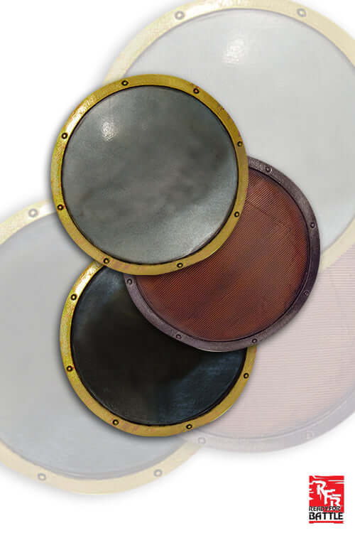 2Q - RFB Buckler displays assorted handmade shields with distinct colors and finishes for LARP use.