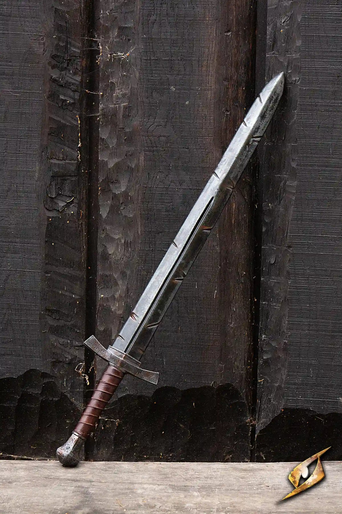 Battleworn Footman Sword resting against a wooden background, featuring realistic details like nicks and scratches.