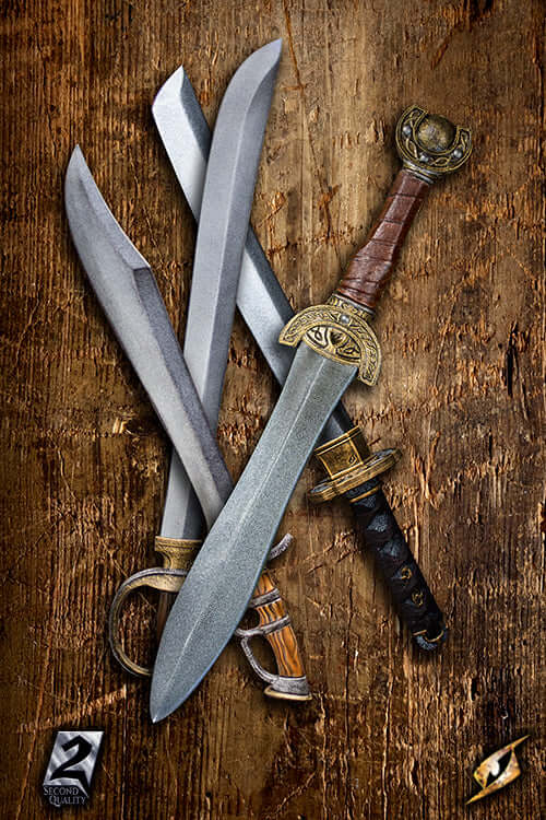 2Q - Short Swords - Hybrid - 50-70 cm displayed on wooden surface, showcasing unique handmade features.