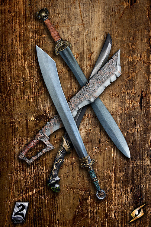 2Q - Medium Swords - Hybrid - 75-90 cm displayed on a wooden background, showcasing handmade craftsmanship.