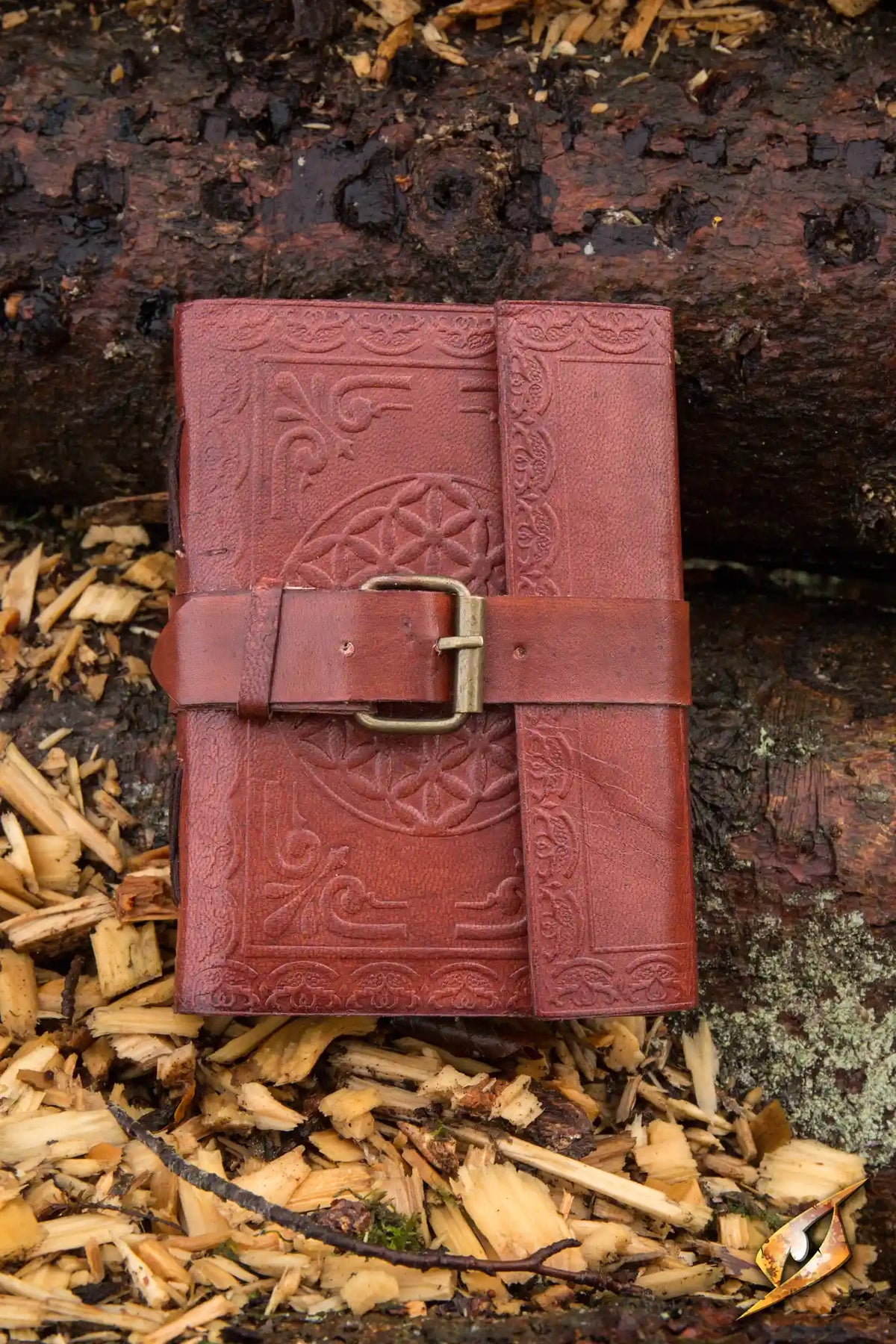 Leather Diary with intricate design resting on wooden logs, perfect for documenting adventures.