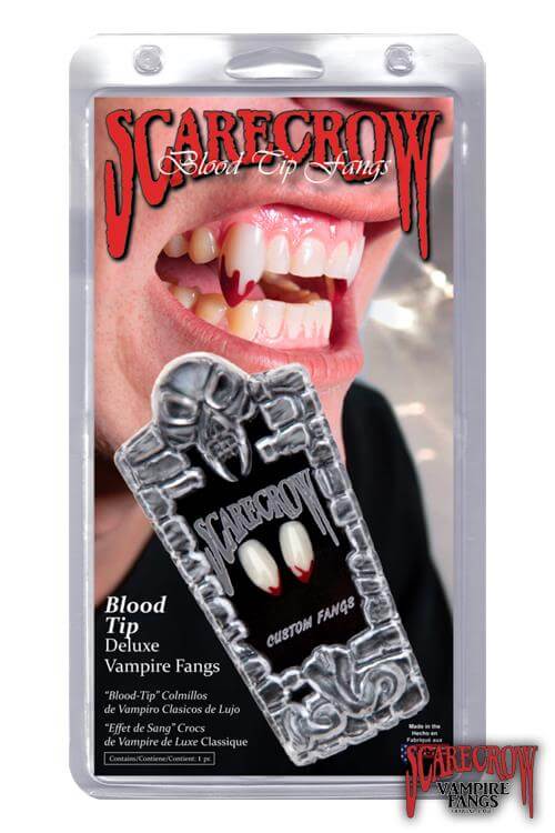 ScareCrow Vampire Fangs - Classic display packaging with realistic fang caps and model showcasing fangs in mouth.