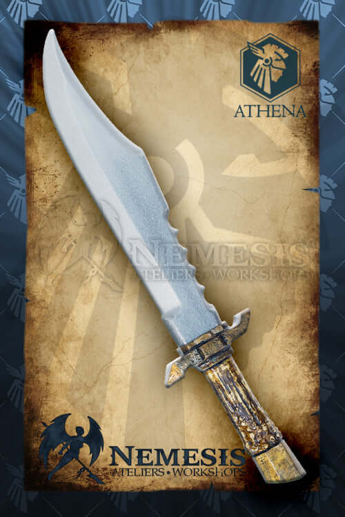 Bowie knife displayed on an aged parchment background, showcasing its intricate handle and blade design.