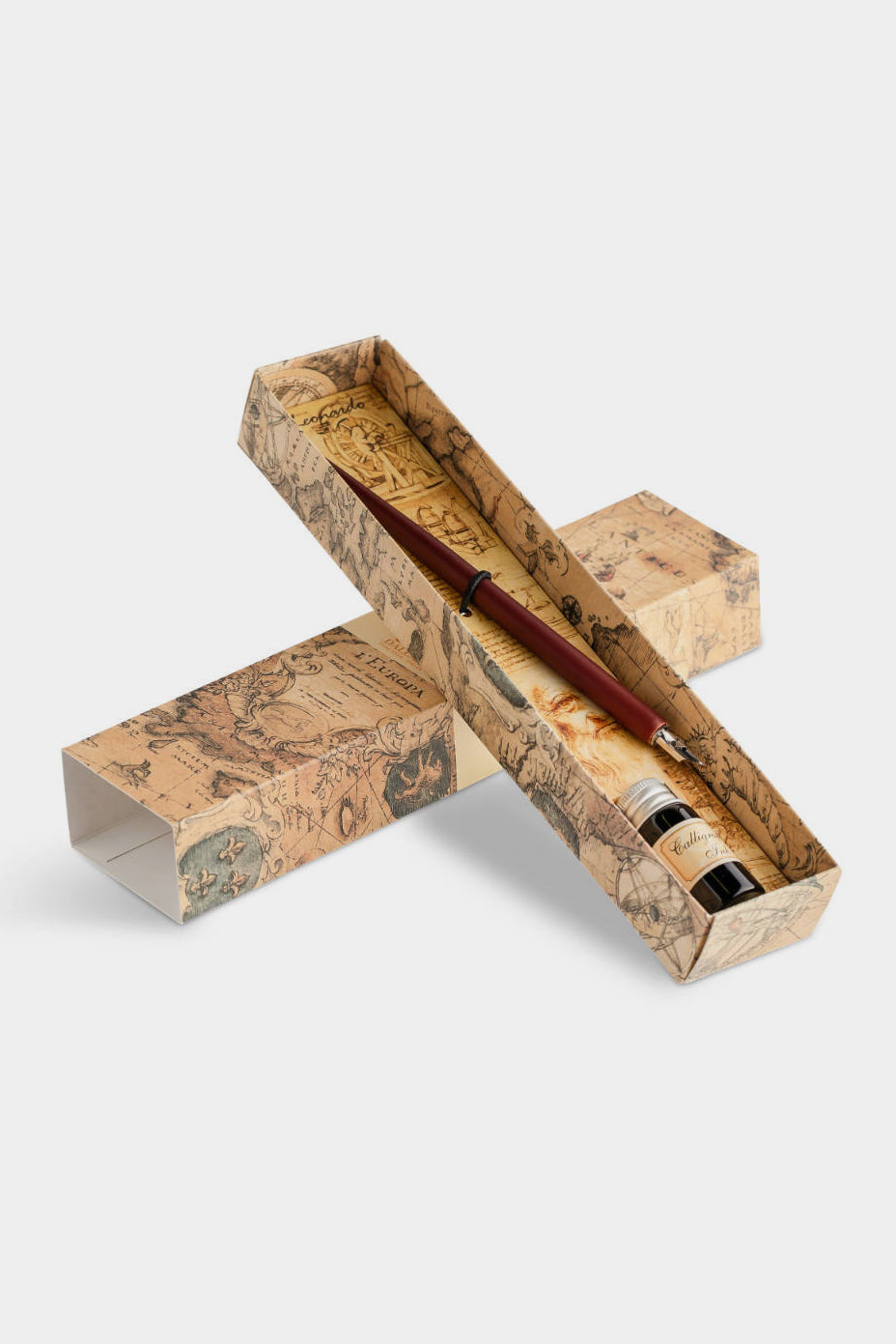 Wooden Calligraphic Pen in decorative packaging with ink bottle, showcasing elegant design and craftsmanship.