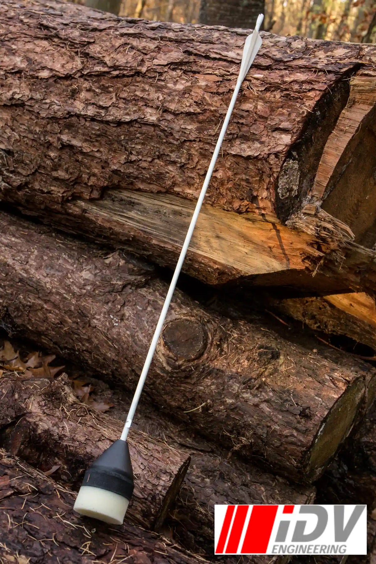 Arrow - Flat Head - White Shaft resting on logs, showcasing its sleek design and archery potential.