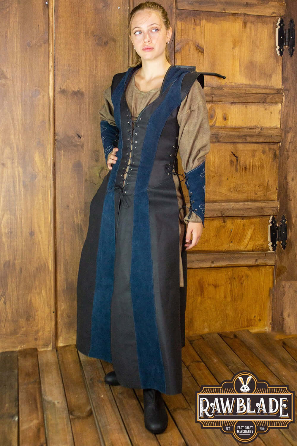 Arylith Archer Leather Tunic showcasing a fitted, elegant design with a wide hood and adjustable drawstrings.
