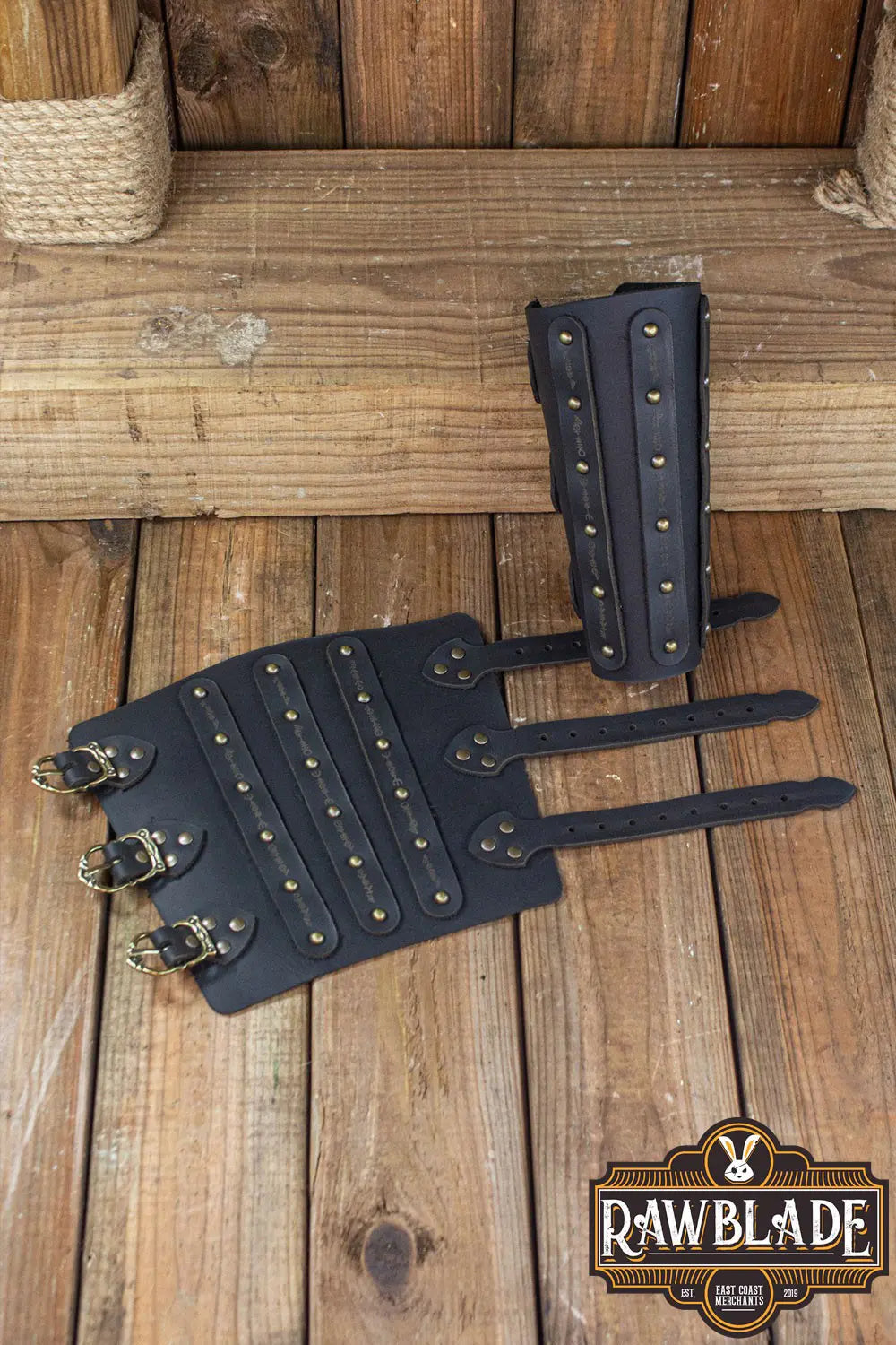 Hirdman Bracers leather bracelets with studs and buckles, perfect for medieval fairs and LARP events.