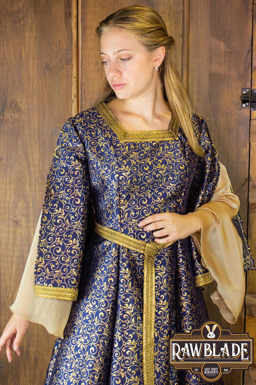 Aquitania Noble Dress featuring gold brocade fabric, tulle sleeves, and intricate gold trims for a refined look.